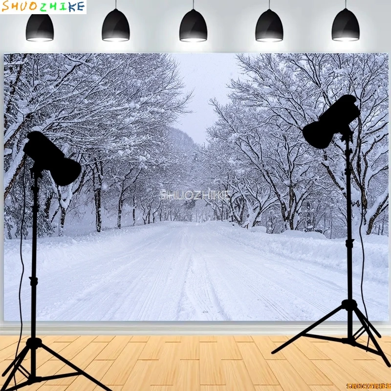 Winter Forest Snowcovered Road Photography Backdrops Blurred Landscape Snowflakes Road Spruce Trees Photo Background XD-05