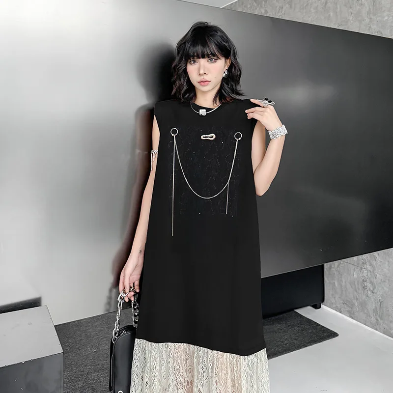 Tannt femmes robe dentelle Patchwork irrégulière couleur correspondant t-shirts robes asymétrie sans manches mode longues robes d'été 2025