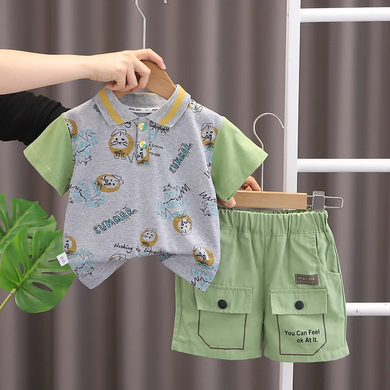 Summer Children Boys Girls Clothes Suit Cartoon Cotton Polo T-Shirt Short Pants 2Pcs/Set Kids Fashion Sport Toddler Clothing 0-5