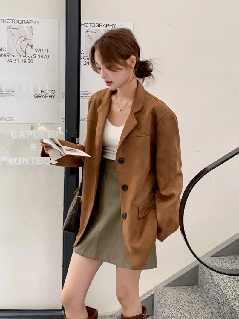 Shpmishal American Retro Coffee Colored Deerskin Velvet Suit Jacket 2024 Women's Autumn New Maillard Suit Female Clothing