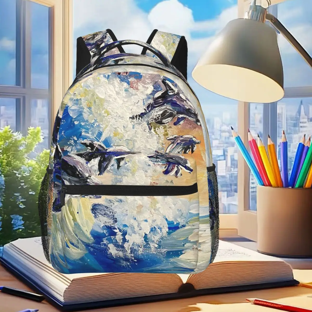 

Acrylic Painting Of Dolphins At Sunset Student Backpack School Bag Hiking Travel Daypack for Boys Girls Bookbag Shoulder Bags