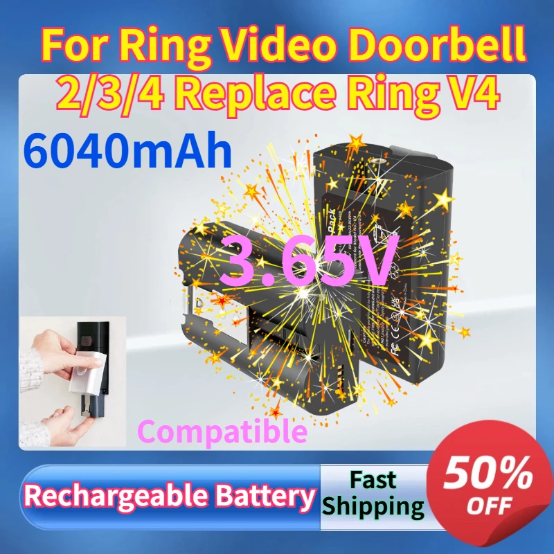 

1-2PCS 3.65V 6040mAh V4 Ring Video Doorbell Battery for Ring Video Doorbell 2/3/4 Replace Ring V4 Rechargeable Li-ion Batteries