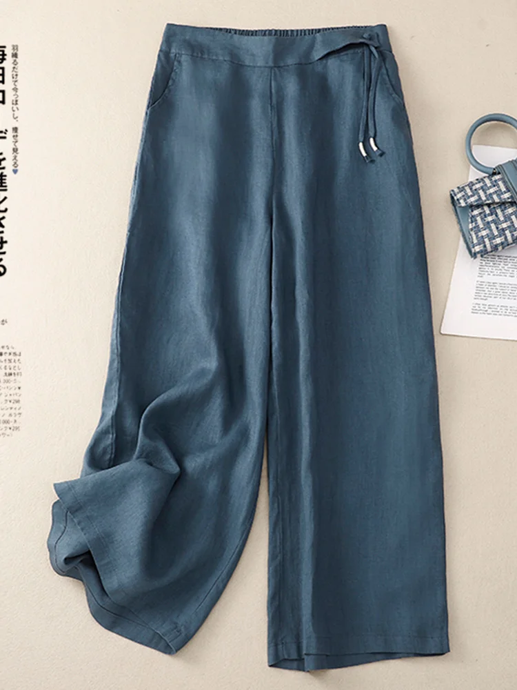 Cintura alta calças de perna larga algodão linho casual nove pontos fino sle feminino premium faion calças commute sle vintage