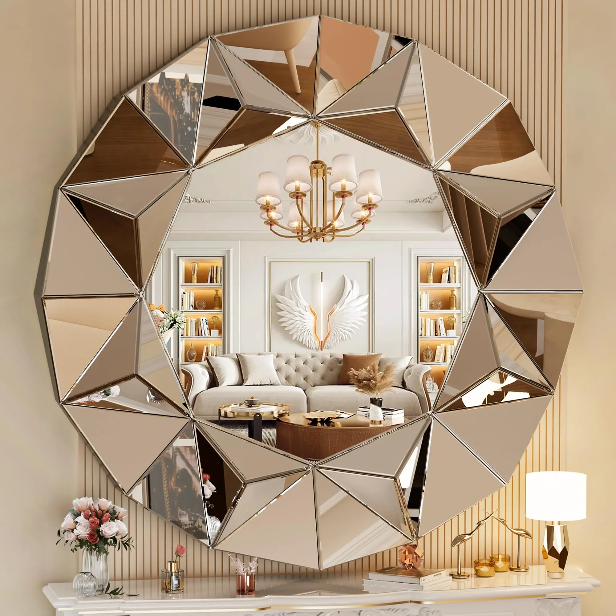 

Hasipu Wall Mirrors Decorative, Mirror Wall Decor, Beveled Edge Frameless Wall Mount Round Mirror for Living Room