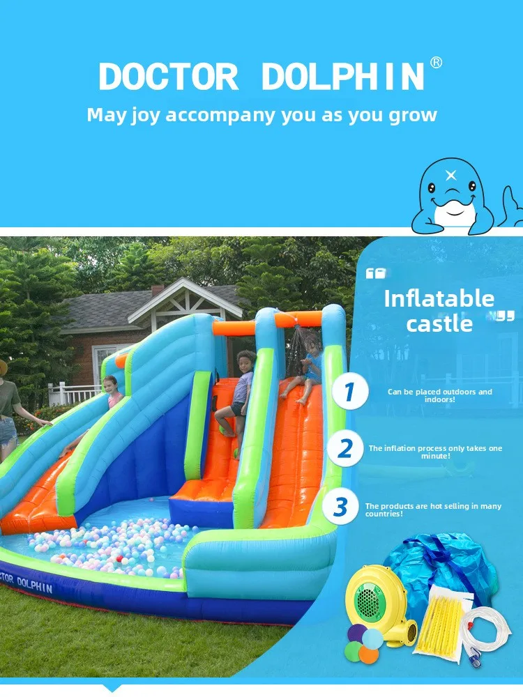 Doctor Dolphin tobogán acuático inflable al aire libre castillo saltador combinación de casa de rebote de pulverización de agua inflable al aire libre con soplador