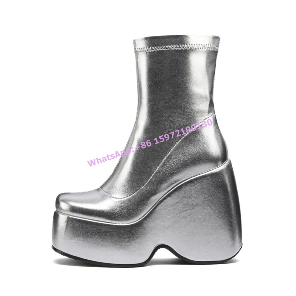 Platform Wedges Ankle Boots Slip On Solid Sewing Square Toe Short Winter Shoes 2025 Women's Stage Elastic Short Boots Large Size