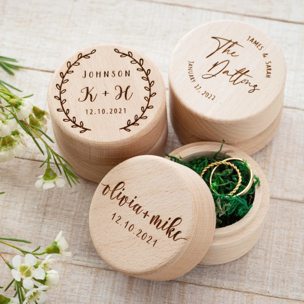 

Personalized Round Wedding Ring Box Keepsake Ring Bearer Wooden Engraved Ring Holder Ceremony Valentine Engagement Jewelry Box