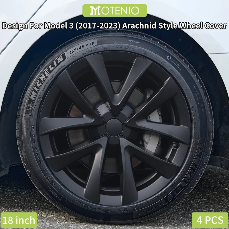 Image of 4 Stück schwarze Arachnid-Radkappen (18 Zoll) für Tesla Model 3 (2017–2023) – ABS-Felgenabdeckung & Autozubehör
