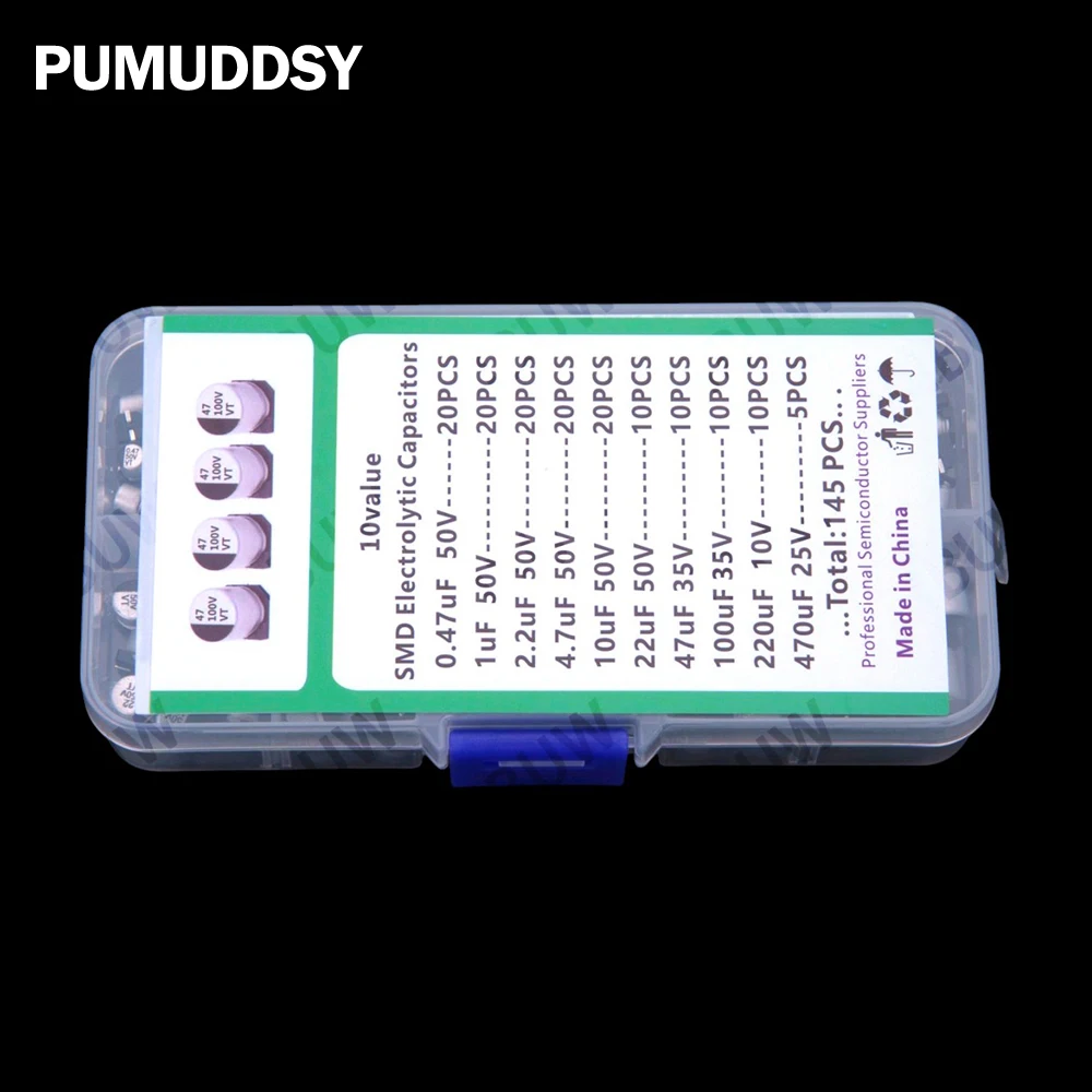 10Values 0.47UF-22UF 0.47UF 1UF 2.2UF 145PCS SMD Aluminum Electrolytic Capacitor Kit 0.47UF 1UF 2.2UF 4.7UF 10UF 50V