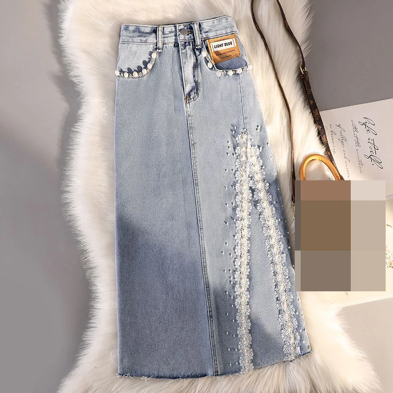 High waist side split denim skirt women's summer 2022 new slim medium long wrap hip skirt trend  Cotton  Casual  Embroidery