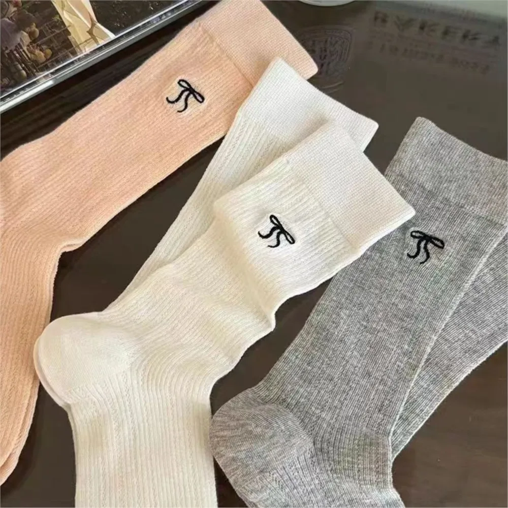 White ballet-style socks girl summer thin mid-tube sock bow stockings Spring mesh breathable pile socks autumn meia infantil