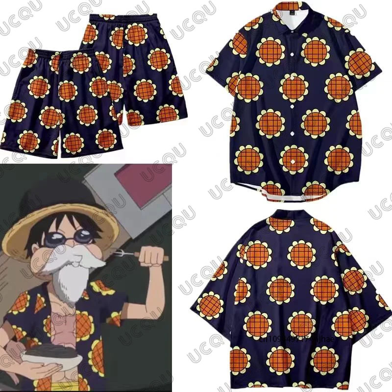 Camisa de Cosplay con estampado de girasol de Luffy de una pieza, pantalones cortos, pantalones cortos, camisa informal de playa para vacaciones, Tops hawaianos para niños y adultos