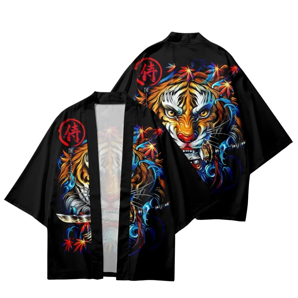 

Tiger Warrior Printed Black Japanese Kimono Cardigan Beach Shorts Couple Women Men Cosplay Yukata Casual Asian Clothes Harajuku