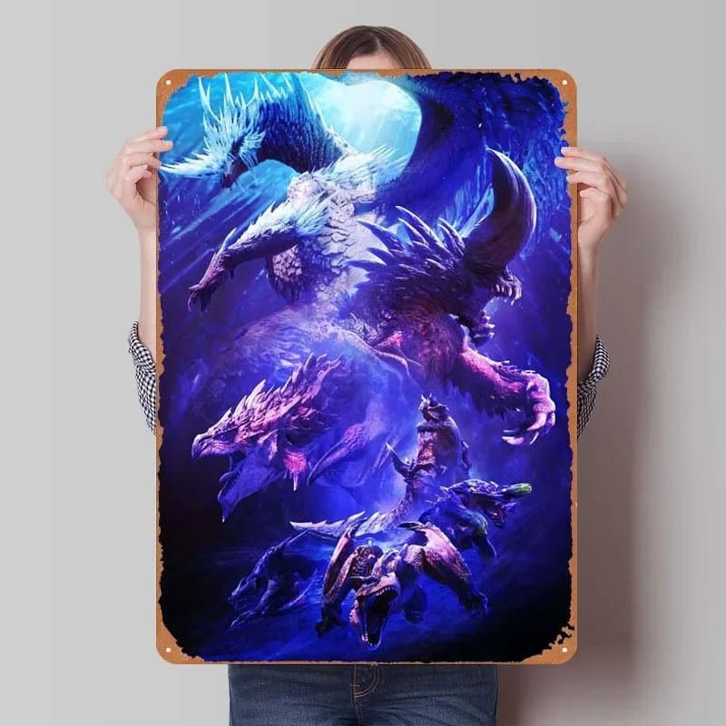 Monster Hunter World Game Posters Tinplate Sign Wall Art Decor Retro Metal Signs Gamer Room Wall Decoration Decoration for Home