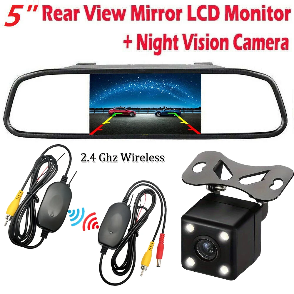 Wireless 5 inch Rear View Mirror Monitor + Car Backup Camera Kit Night Vison Camera for Car, Pickup, SUVs, Vans