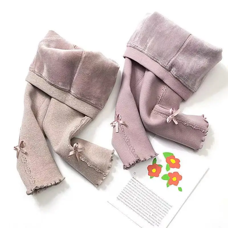 Thick Warm Girls Leggings Winter Fleece Soft Solid Kids Pants Elastic Waist Cotton Leggings Girl Trousers image 2