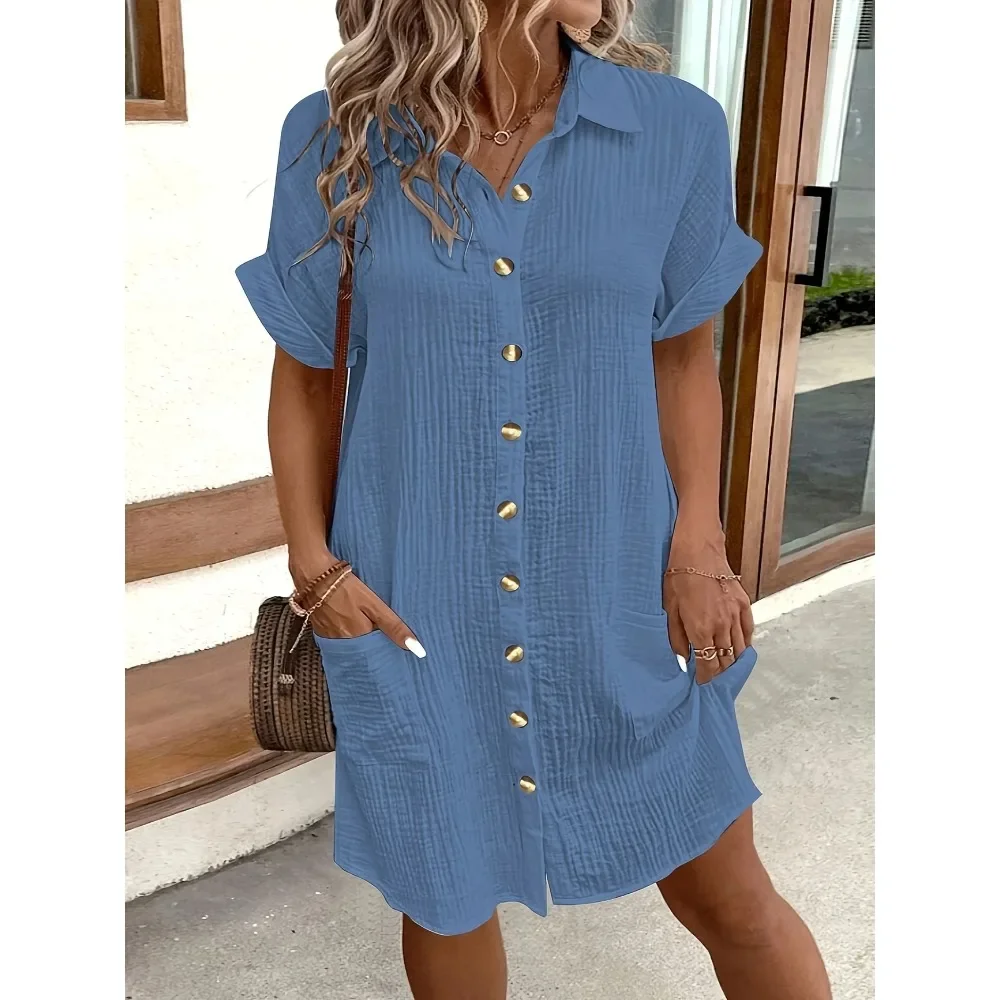 Tallas grandes 1XL-5XL Primavera y otoño Falda de vestido con botones de solapa simples de verano caliente europea y americana