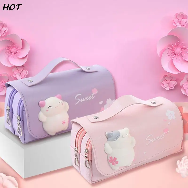 Cute Cat Large Capacity Stress Relieving Pencil Case Big Pencil Box Portable Girls Pen Bag Double Layer School Cosmetic Bag