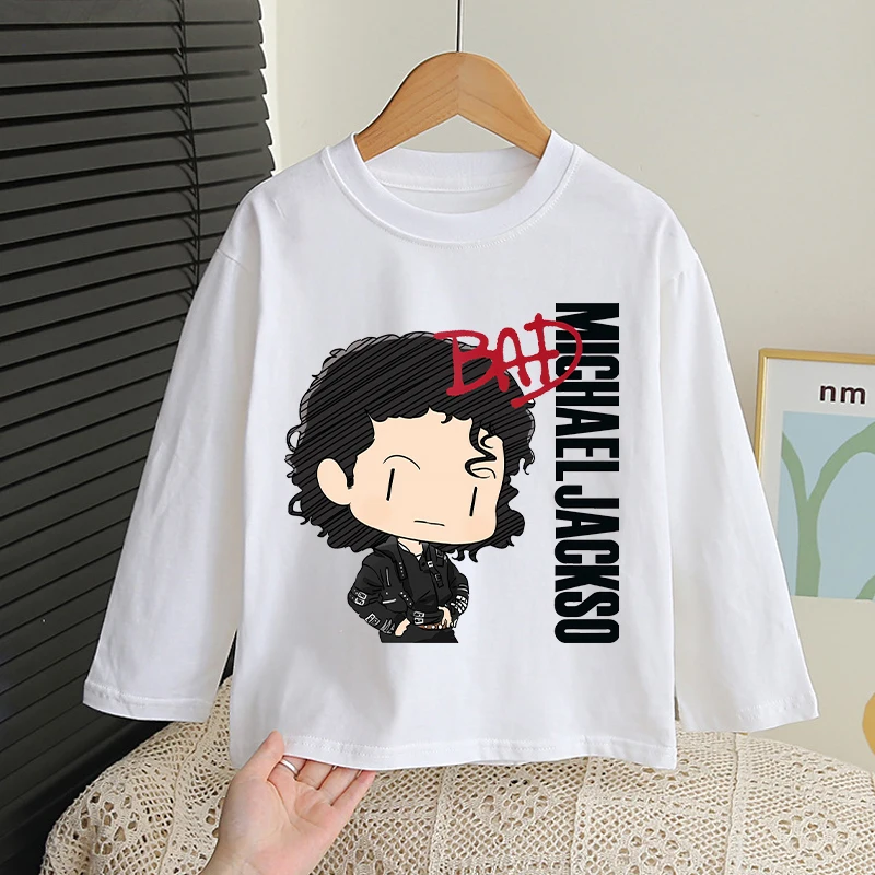 King of Pop Michael Jackson Long-sleeved T-shirt for Children Anime Cartoon Printed Base Layer Boys Girls Fashion Cute T-shirts