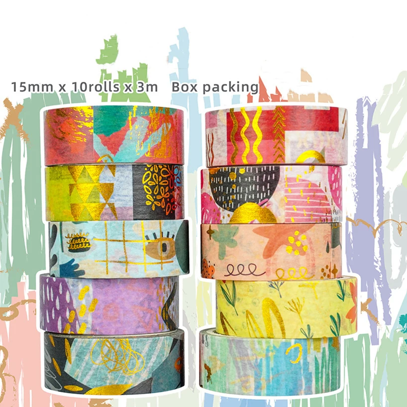 10 Rolls Gold Foil Cute Washi Tapes Scrapbooking Supplies Cinta Adhesiva Decorativa School Supplies Stationery Masking Tape