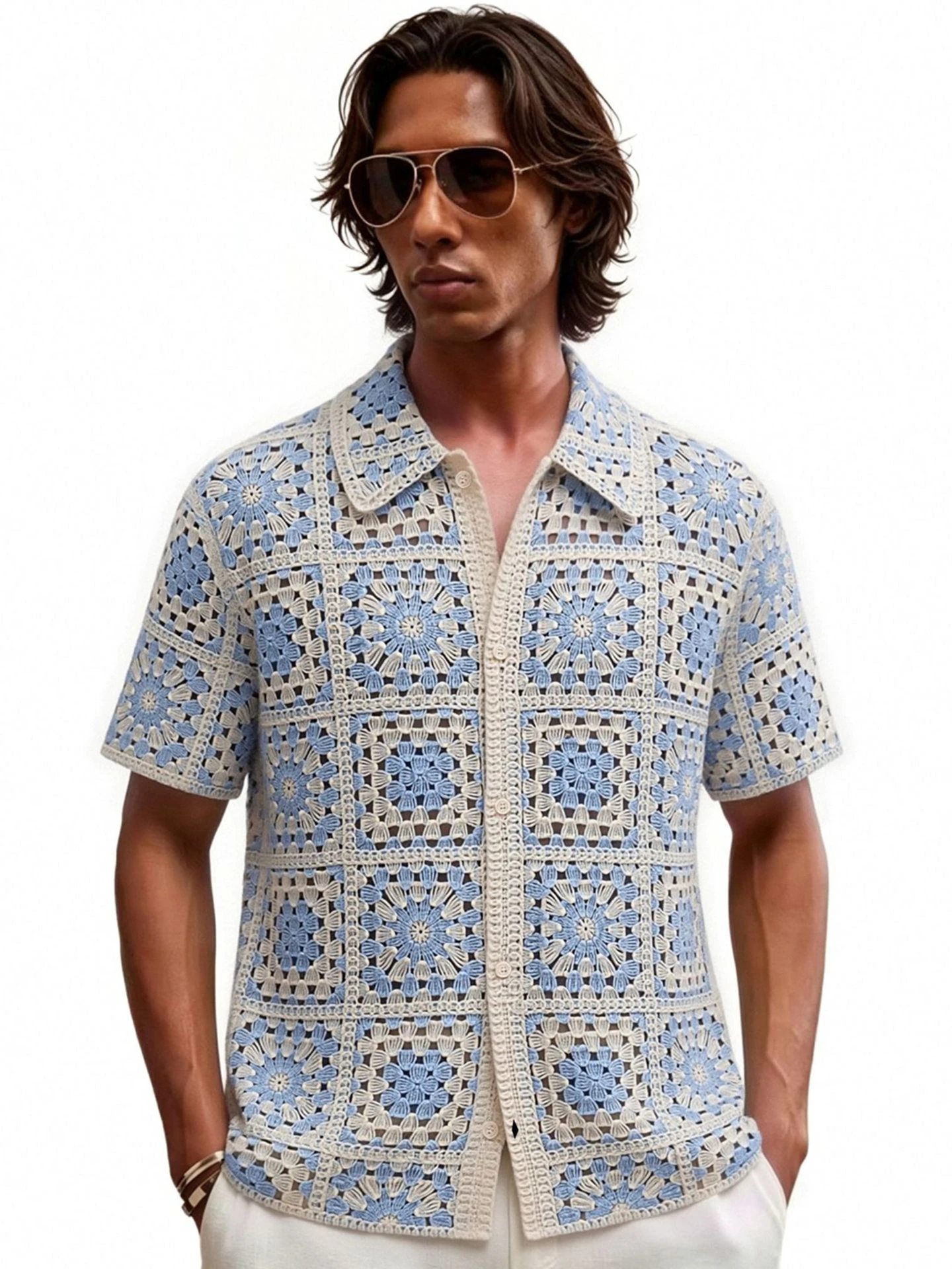 Men's Crochet  Shirt Casual Knitted Hollow out Summer Fashion Top Breathable Polyester Short Sleeve Standard Fit