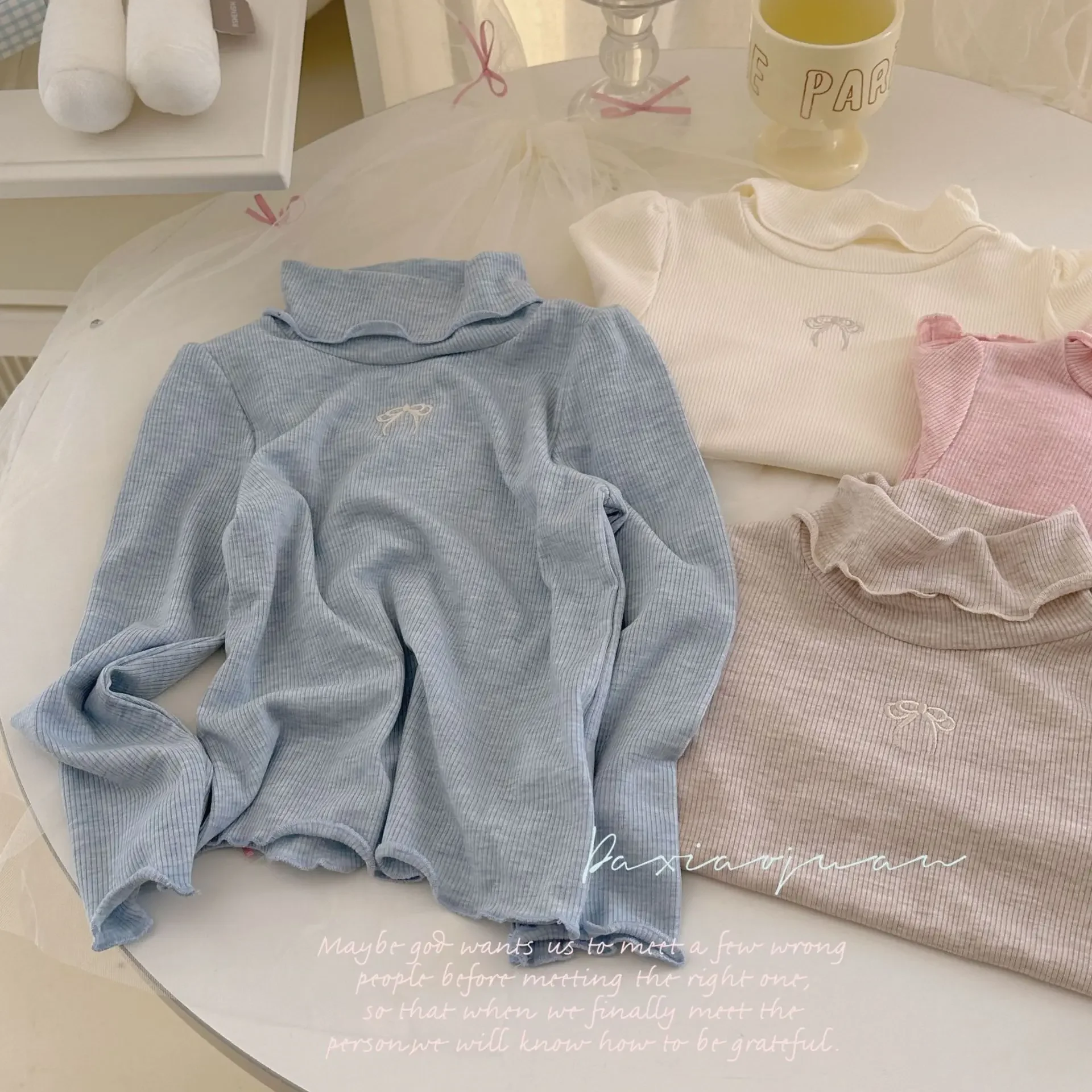 Undershirt Autumn New Children Clothing Girl Bow Flower Edge Bottom Layer Shirt Solid Color Tops Simple 2024 Bows Fashion