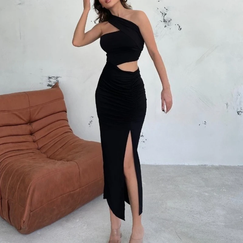 Bangniweigou abito diviso con ritaglio irregolare a spalla singola inclinata da donna elegante abito da festa slim bianco nero