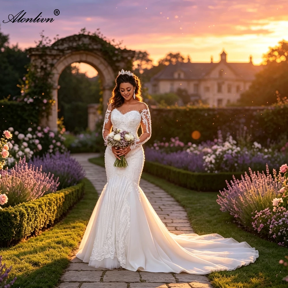 Alonlivn Custom Made Symmetrical Spot Lace Elegant Mermaid Wedding Dress With Full Sleeve Buttons Closure Bride Dress