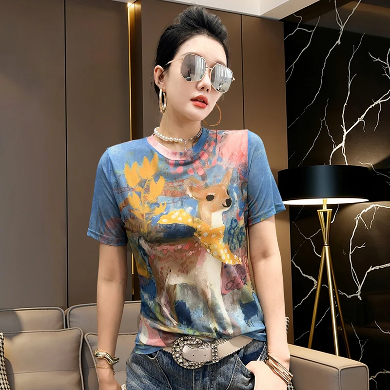 MadBlack-Women European T-Shirt, Sexy O Neck Deer Printed, Hotsweet Short Sleeve Slim S-3XL Sunscreen Tee, 2026 Summer T64738CC