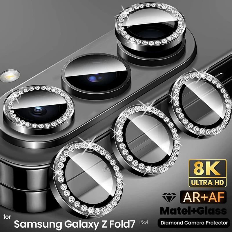 Anel de metal com diamante de cristal 3D, vidro de câmera para Samsung Galaxy Z Fold 7 6 9H, tampa protetora de lente em Sumsung Fold 7, capa amigável