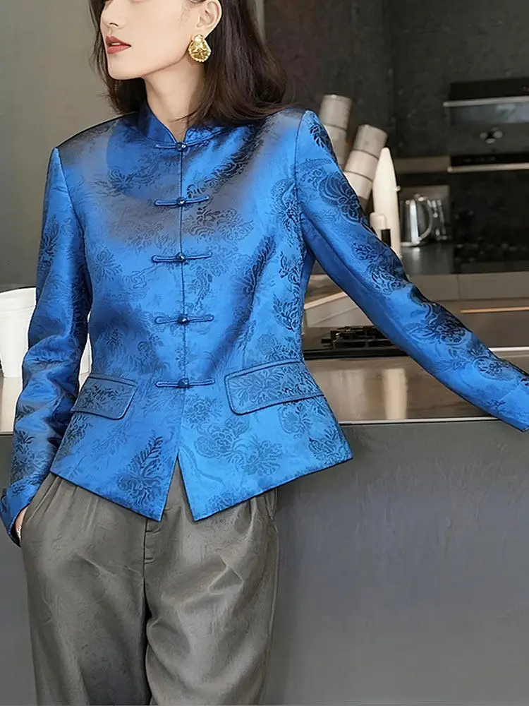 2026 Spring Fall Women Floral Pattern Chinese Style Tang Coat , Woman Clothing Printed Floral Blue Coats