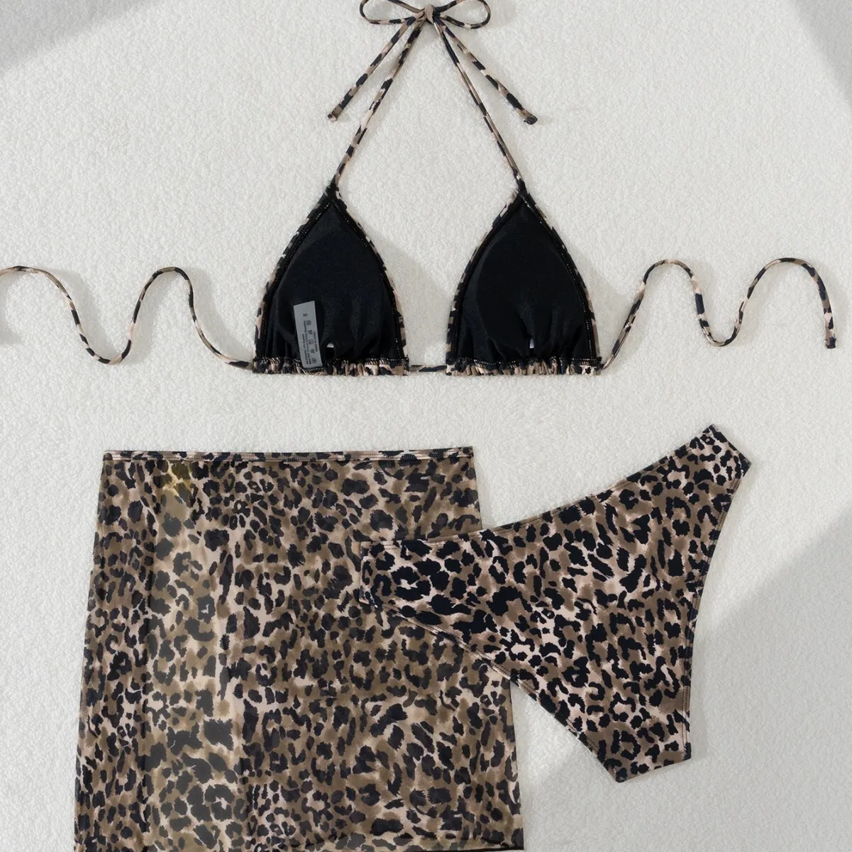 

Women's Three Piece Leopard Print Bikini Triangular Cup Strap Premium Metal Floral Swimsuit Set