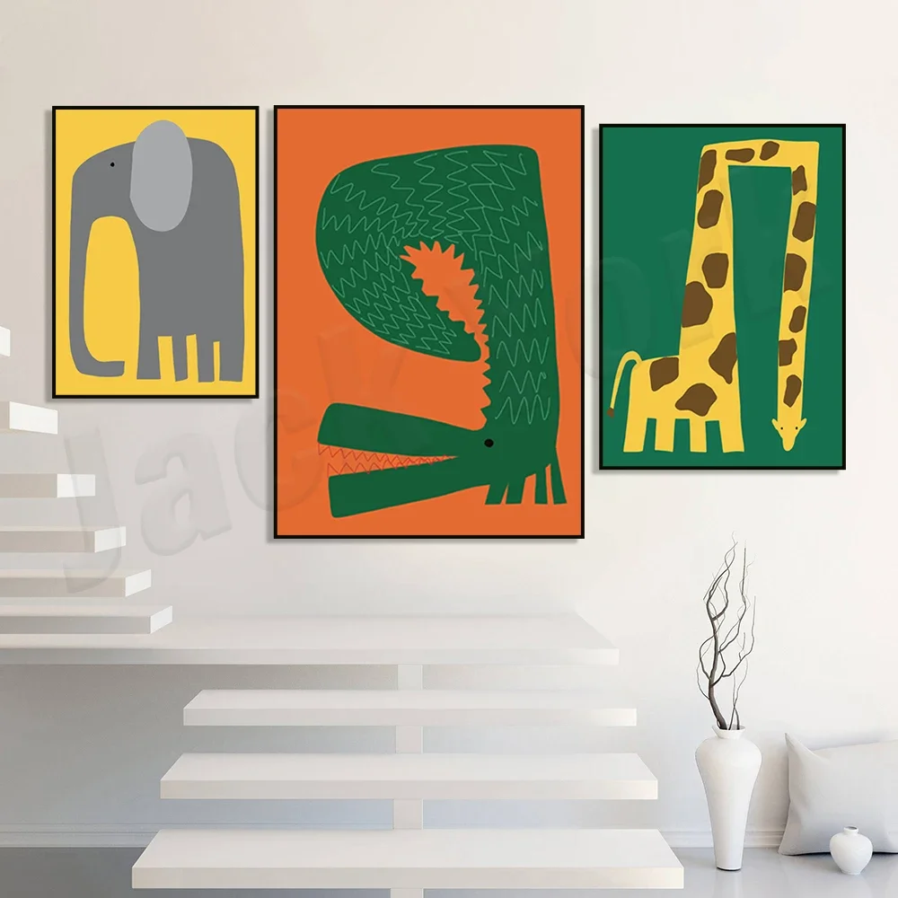 مطبوعات فنية للأطفال، ملصق فني ملون على شكل حيوانات، تمساح، زرافة، طباعة فنية على شكل فيل الغابة، ديكور حضانة غرفة نوم أطفال سفاري