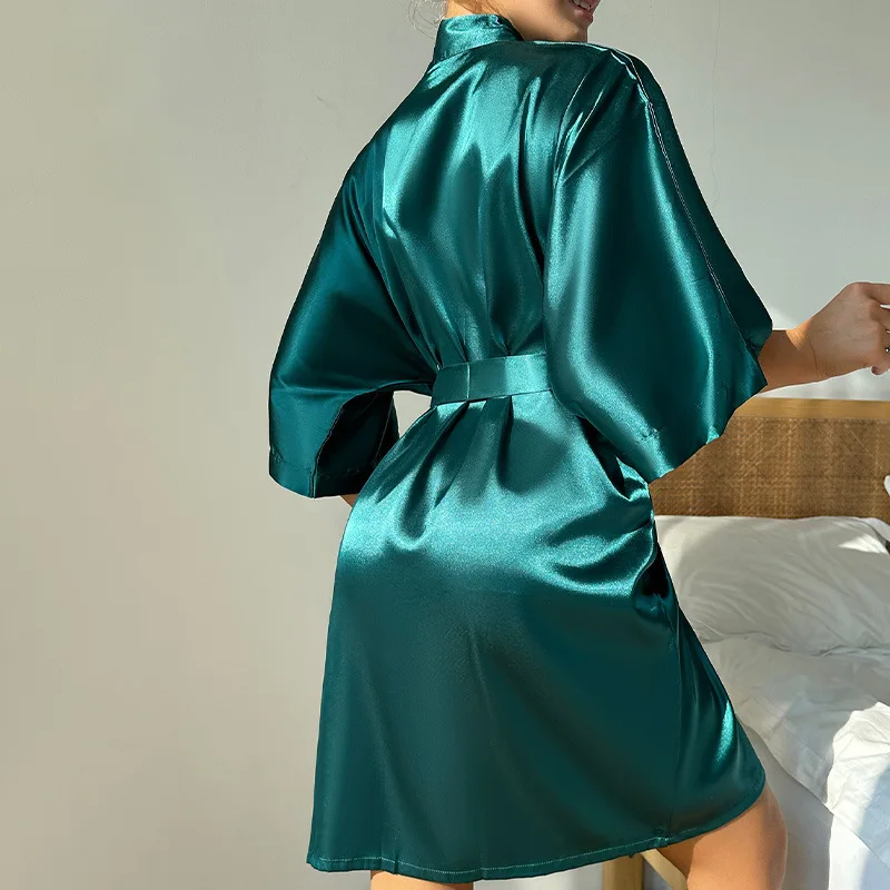 Women\'s Robe Sleepwear Spring Summer Satin Kimono Bathrobe Gown Sexy Green Short Nightgown Intimate Lingerie Casual Home Dress