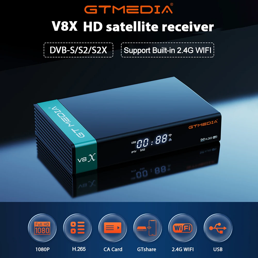 Receptor de satélite GTMEDIA V8X, DVB-S/S2/S2X, ACM, multi corriente, WiFi 2.4G incorporado HEVC, Full PowerVu, tecla DRE & Biss Mars V8X