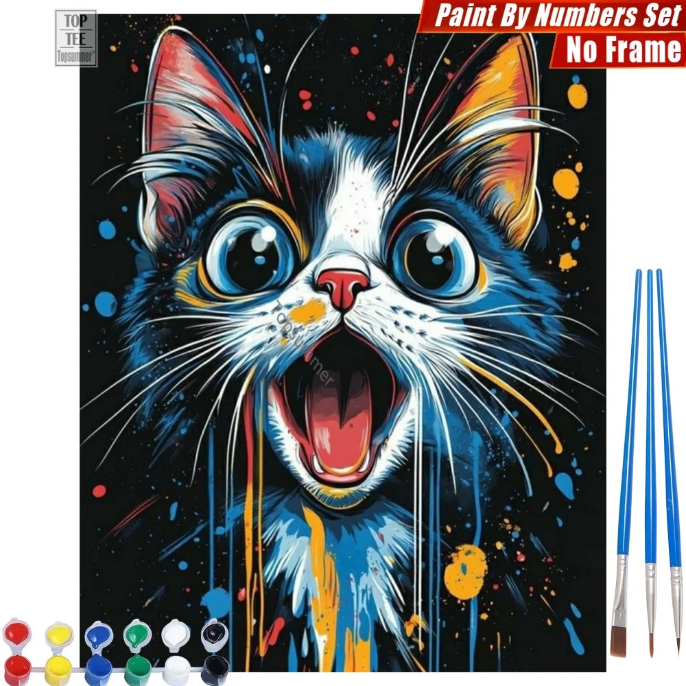 

Surprised Colorful Cat Digital Oil Painting Set - Wide Eyes Splatter Abstract Wall Art Halloween Gift For Girlfriend