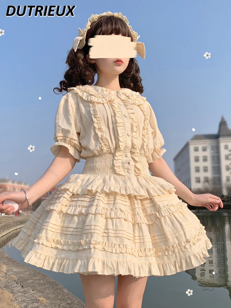 Lolita Inside Doll Collar Solid Color Shirt Sweet Beautiful Woman Autumn New Short-sleeved Versatile Top Short Skirt Set