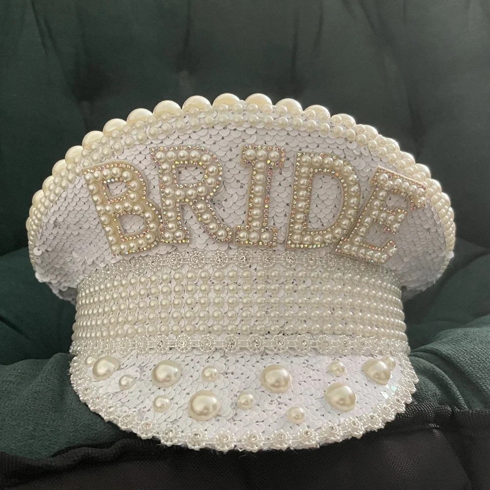Handmade Women Military Hat White Sequin Burning Luxury Captain Sergeant Hat Pearl Bride Festival Part Hat 3 Size