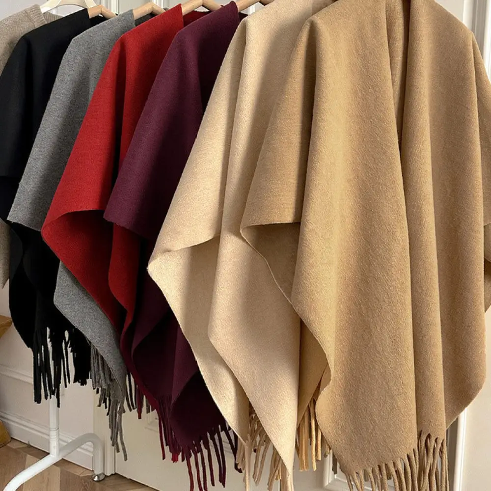 Thickened Woolen Cape Shawl Women Winter Fringe Poncho Split Cloak Outdoor Travel Photography Soft Cozy Warm Fashion Wrap