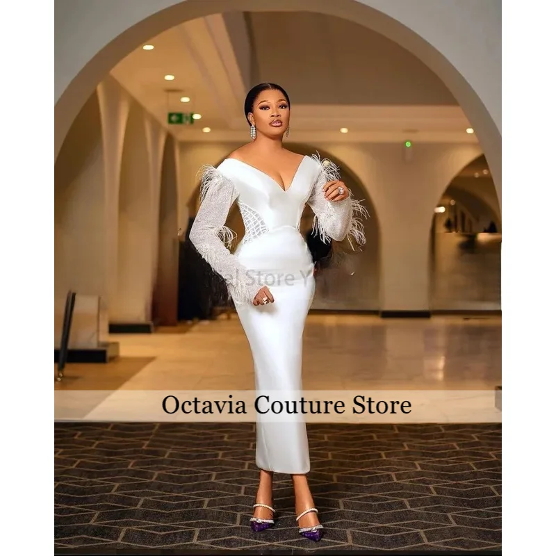 Elegant Civil Wedding Dresses for Bride Off Shoulder Long Sleeve Tea Length Feathers Bridal Reception Cocktail Dress Customized