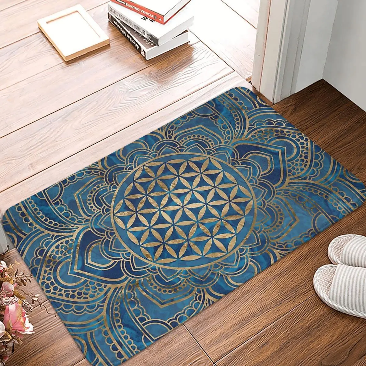 Culture Bath Mat Flower Of Life In Lotus Mandala Blue Marble And Gold Doormat Kitchen Carpet Entrance Door Rug Home Decoration