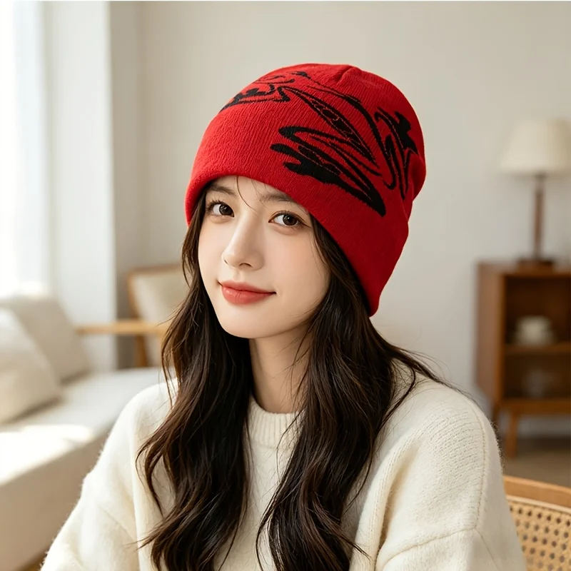 Retro Frog Jacquard Knit Beanie Hat Unisex Black White Graphic Skullcap Winter Streetwear Beanie Cap Hip Hop Casual Knitted Hat
