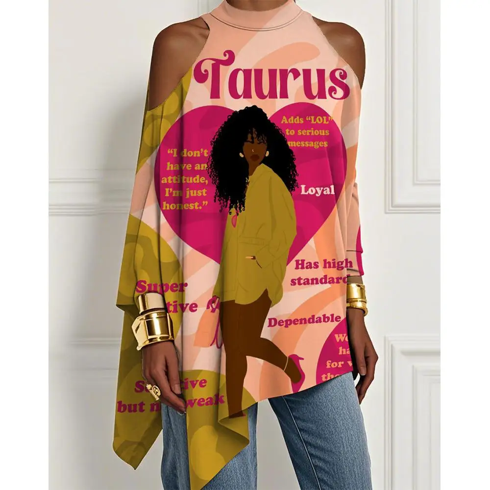 

European And American Trendy Printed Off-the-shoulder Skirt Irregular Hem Design Dress Fashionable Loose Long-sleeved T-shirt