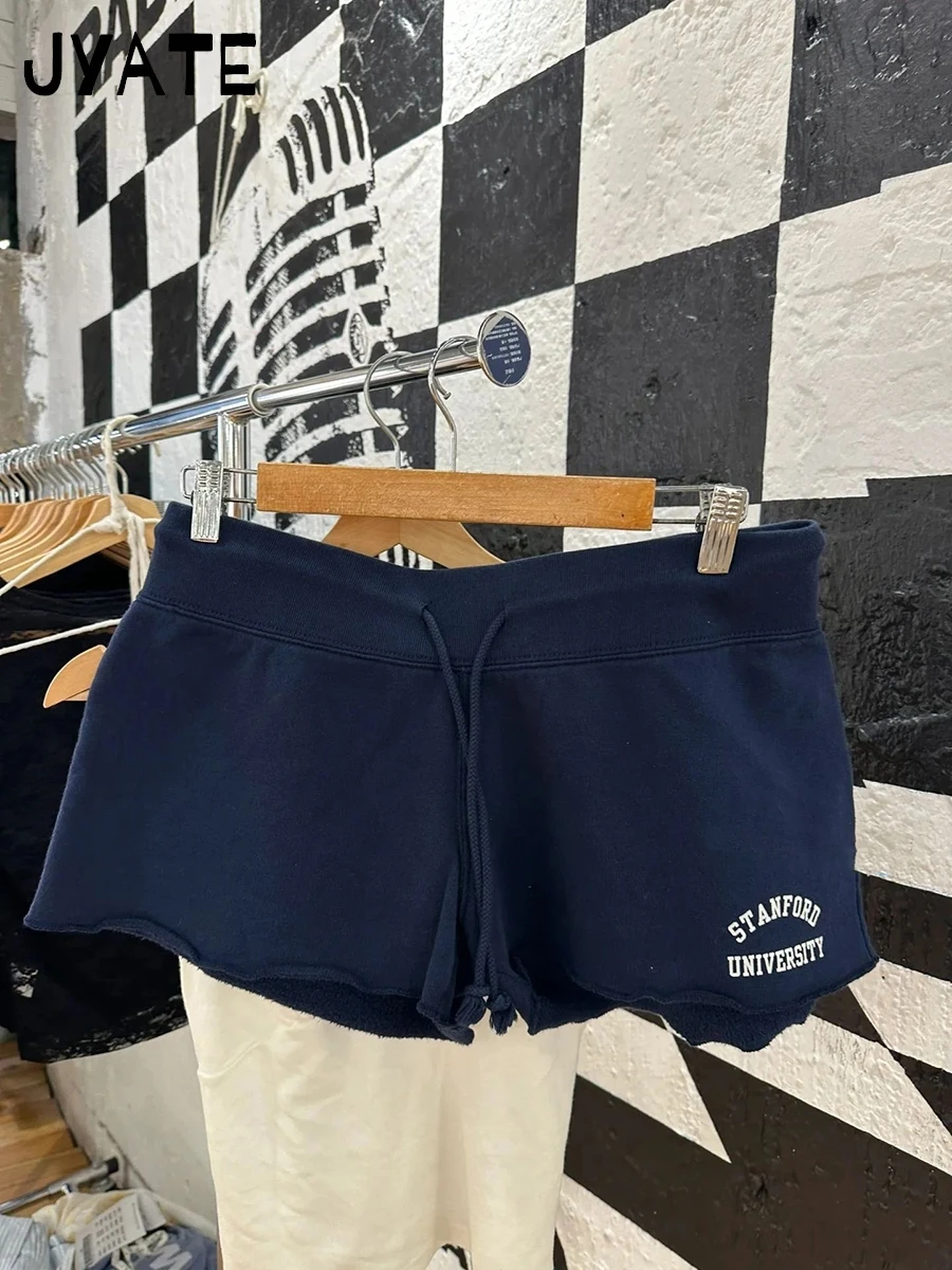

Letter Print Navy Drawstring Sweatshort Women Summer Cotton Raw Hem Loose Straight Short Pant Vintage Chic Streetwear Shorts Y2K