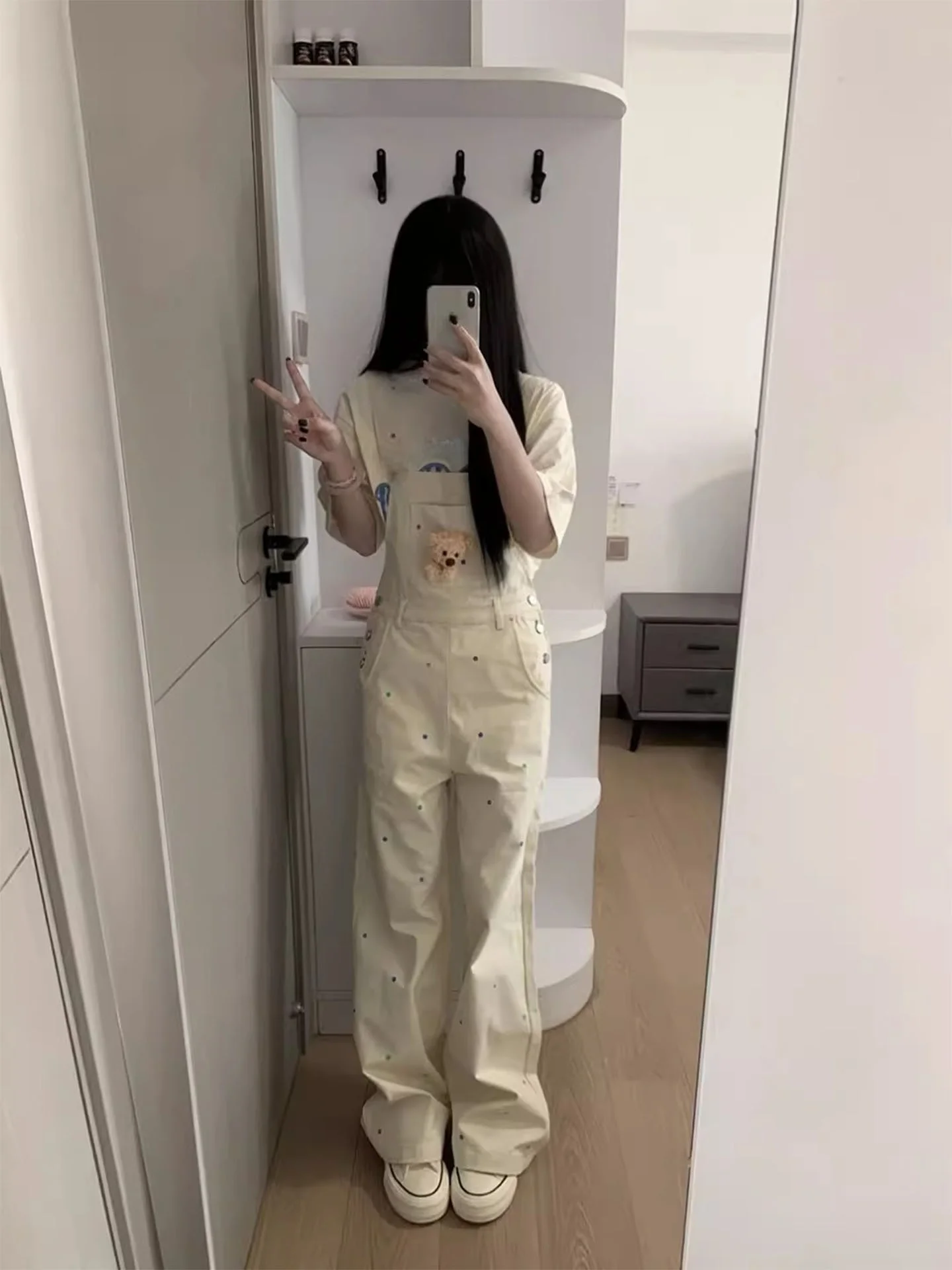 かわいいクマの水玉模様ストレートレッグオーバーオール女性夏ドパネルーズカジュアル小さいサイズ多用途ワンジーパンツ