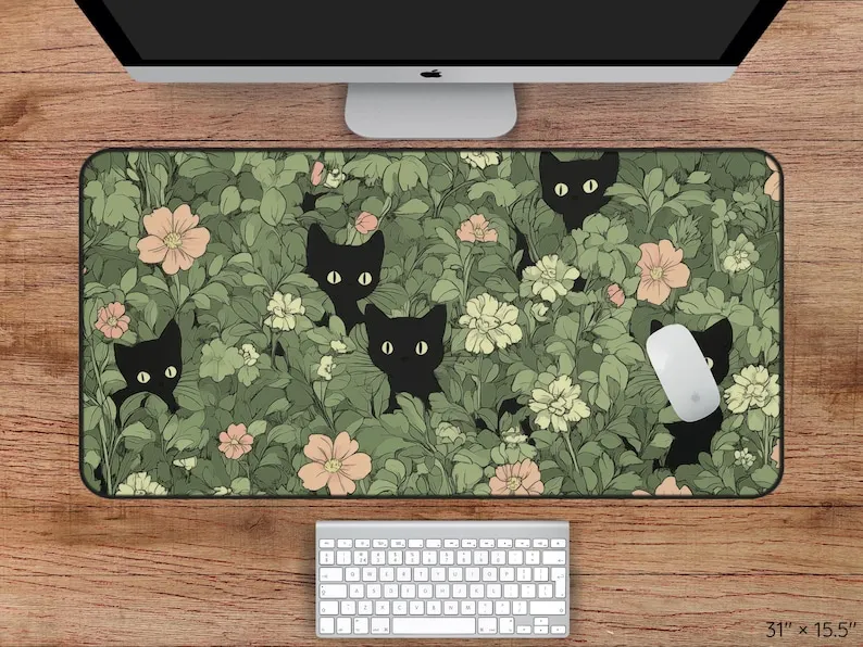 

Hidden Kitten Green Desk Mat, Cute Plant Cool Desk Mats, Keyboard Mat, Cute Black Cat Flower Mouse Pad, Office Desk Decoration