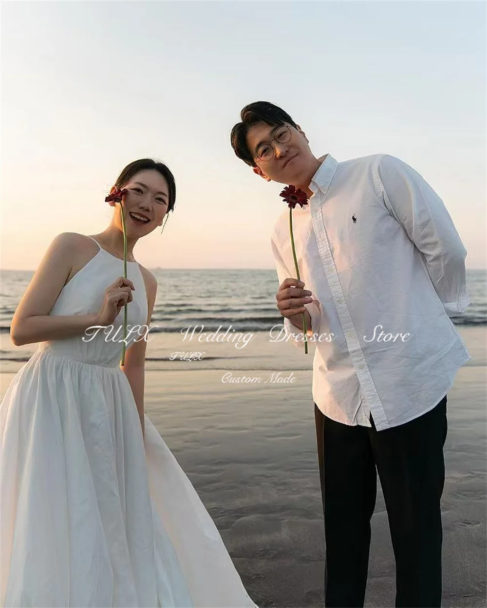 Tulx simples o-pescoço uma linha coreia praia casamento sessão de fotos vestido até o chão tafetá vestidos de noiva espartilho volta nne annus personalizado