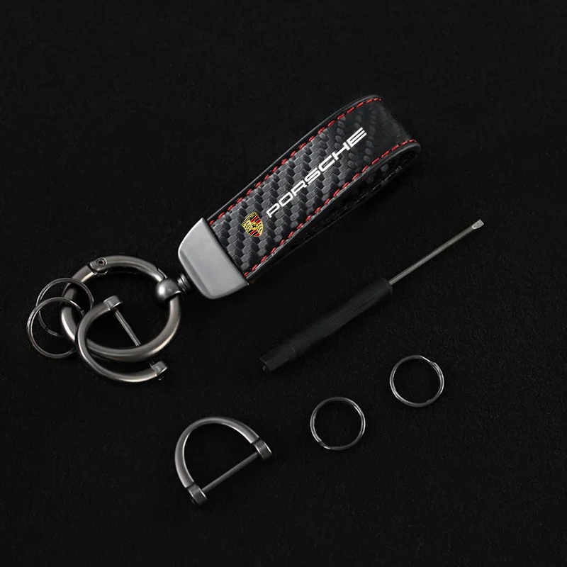 Leather Carbon Fiber Car Keychain Key Pendant Keyring For Porsche Cayenne Panamera Macan 911 718 Taycan Boxster Cayman 918 Pajun