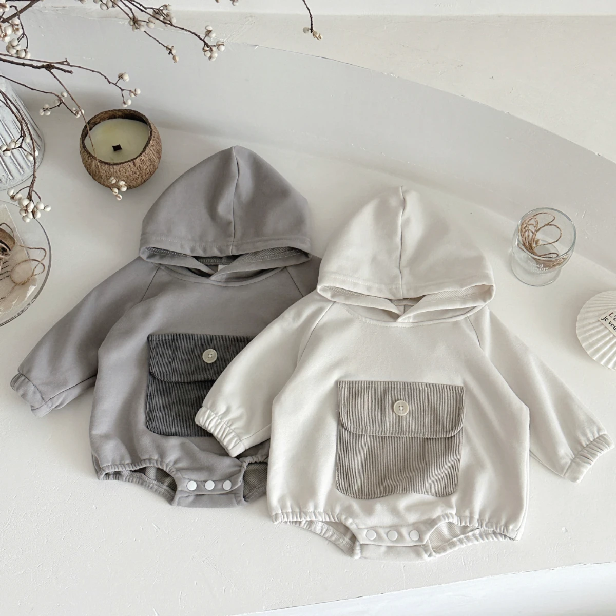 Autumn Korean Style Newborn Cotton Pocket Hoodie Comfortable Holiday Bodysuit Suitable Baby Boys Girls Clothes 1-18M Jumpsuit