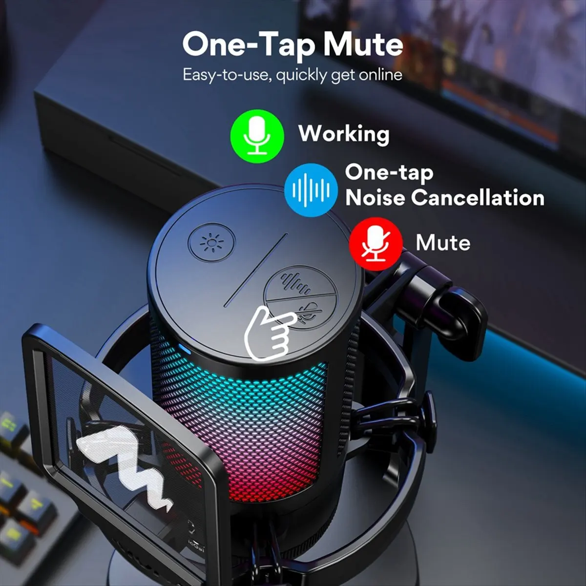 DGM20 Gaming Microphone,USB Microphone Condenser Mic RGB Gaming Mic with Noise Reduction Software,Mic Gain,One Key